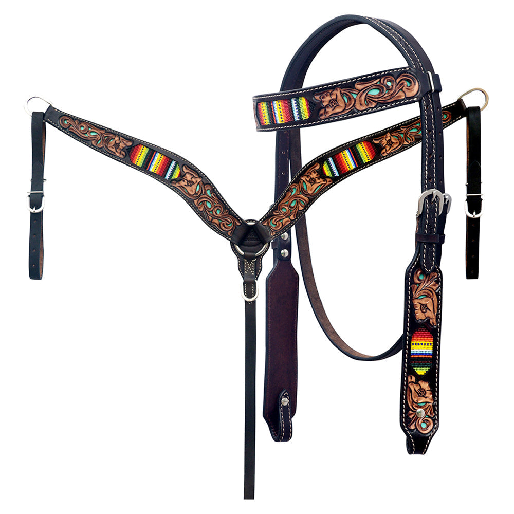 Hilason Horse Floral Hand Carved American Leather Breast Collar Headstall Beaded Brown