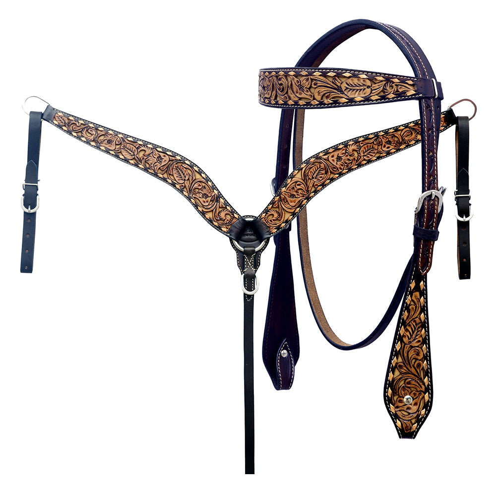 Hilason Horse Floral Hand Carved American Leather Breast Collar Headstall Brown