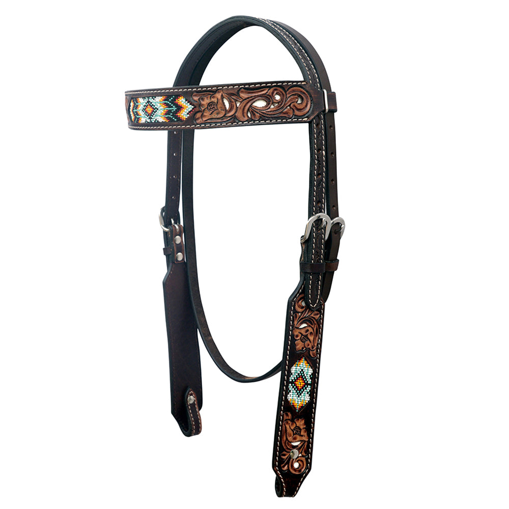 HILASON Western Leather Horse Headstall & Breast Collar Floral Beeded Brown | Leather Headstall | Leather Breast Collar
