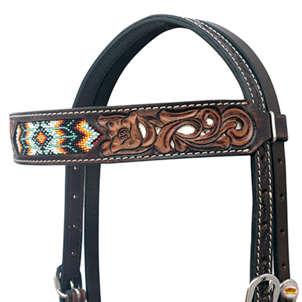 HILASON Western Leather Horse Headstall & Breast Collar Floral Beeded Brown | Leather Headstall | Leather Breast Collar