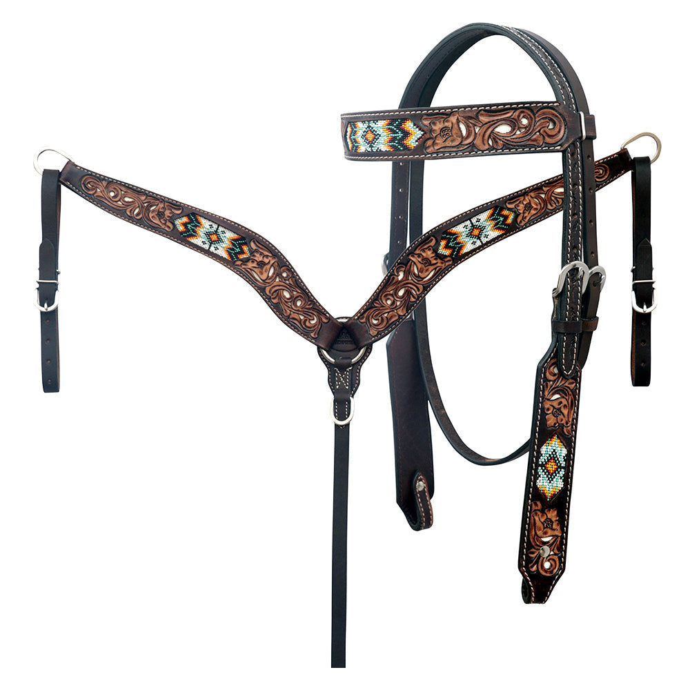 HILASON Western Leather Horse Headstall & Breast Collar Floral Beeded Brown | Leather Headstall | Leather Breast Collar