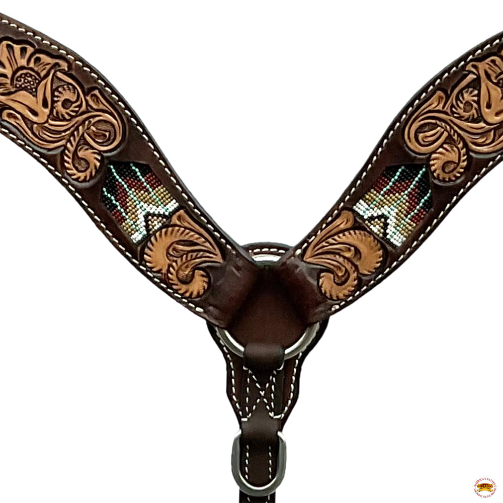 Hilason Horse Floral Hand Carved American Leather Breast Collar Headstall W/ Beaded Work Brown