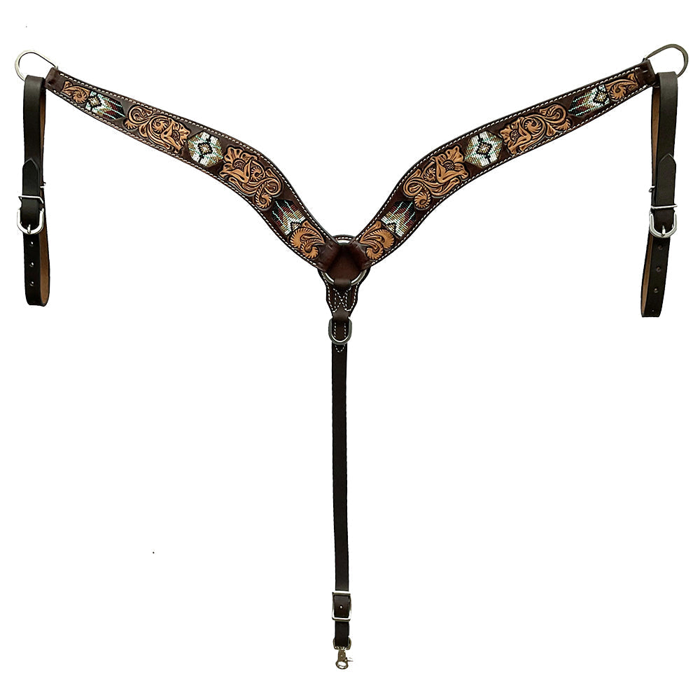 Hilason Horse Floral Hand Carved American Leather Breast Collar Headstall W/ Beaded Work Brown