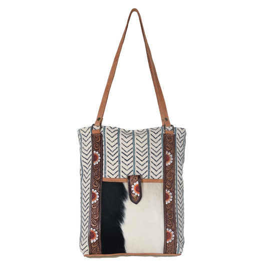 Ohlay Bags OHV189 Tote Hand Tooled Upcycled Canvas Hair-On Genuine Leather Women Bag Western Handbag Purse