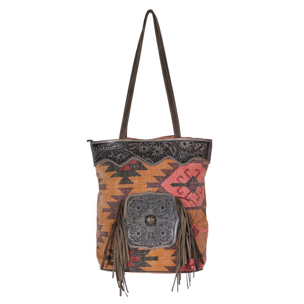 Ohlay Bags OHV190 Tote Hand Tooled Upcycled Canvas Genuine Leather Women Bag Western Handbag Purse