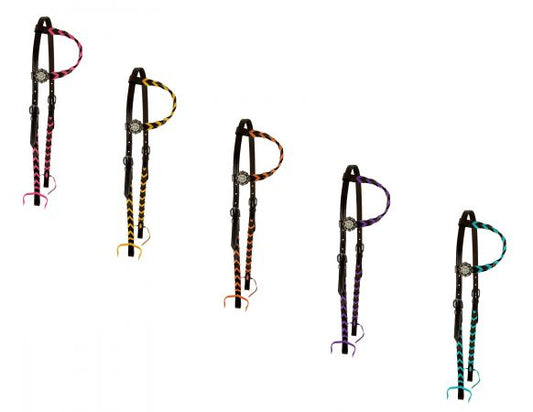 Argentina cow chocolate Leather one ear headstall with colorful Leather lacing