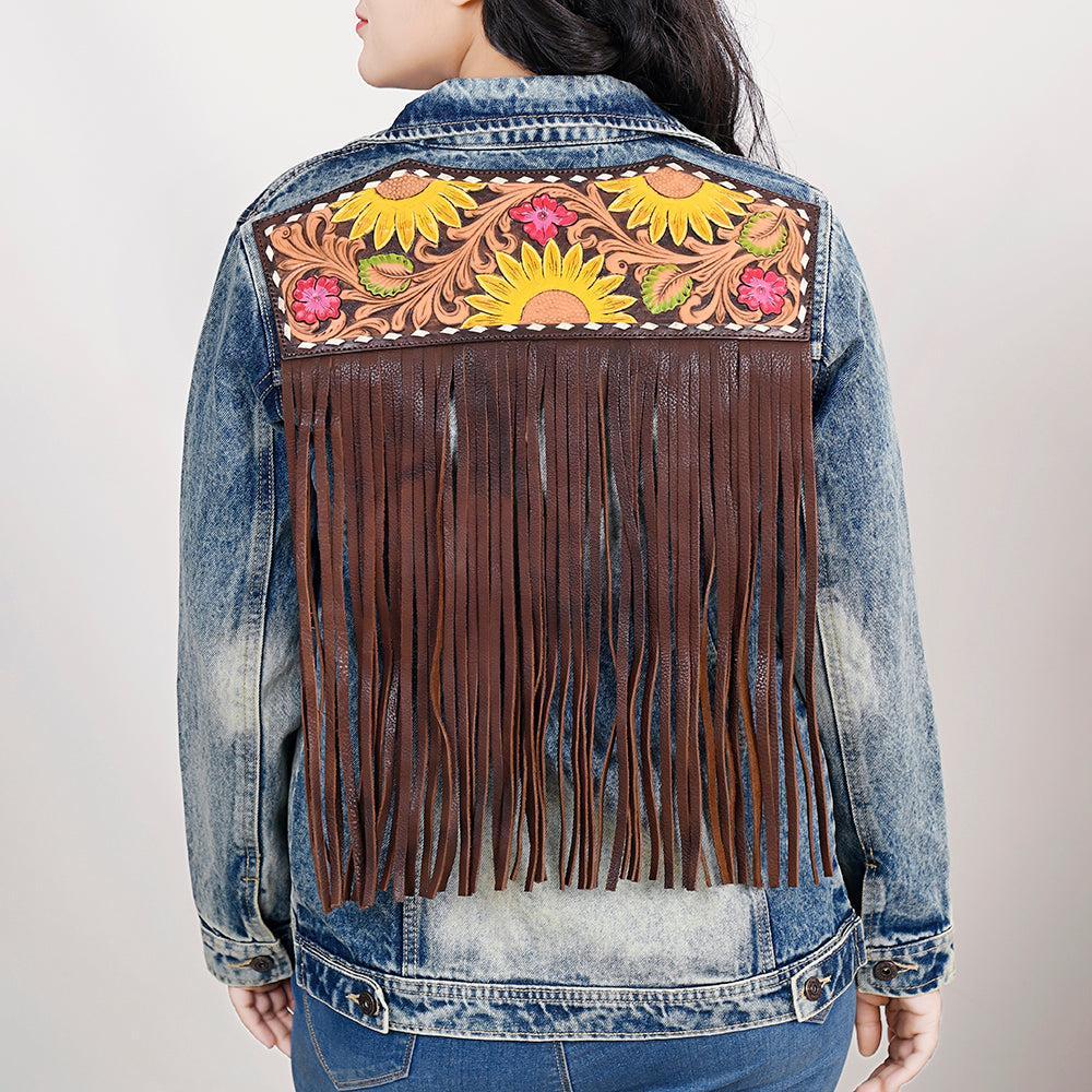ADJKT024 Genuine leather Hand tooled hand carved Women 100% cotton Denim jacket  dress ladies girl