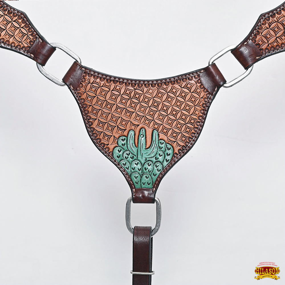 Hilason Horse Cactus Hand Painted American Leather Breast Collar Headstall Brown