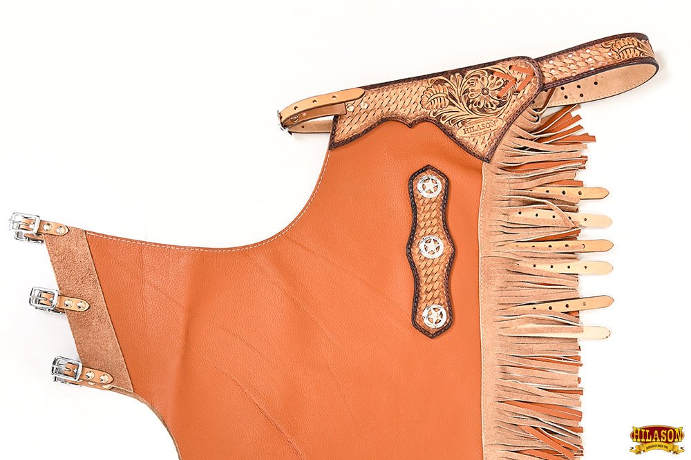 Hilason Western Bull Riding Chinks Chaps Adult Pro Rodeo Bronc Leather Tan