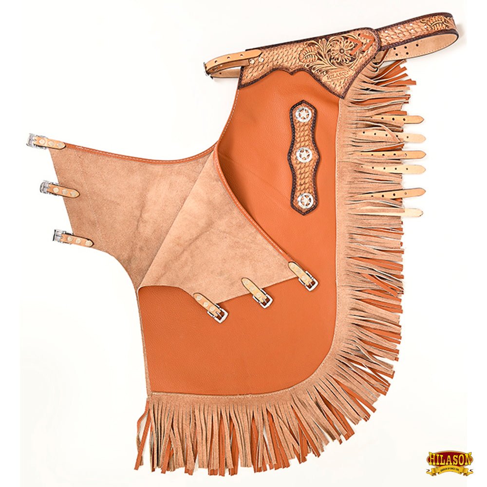 Hilason Western Bull Riding Chinks Chaps Adult Pro Rodeo Bronc Leather Tan
