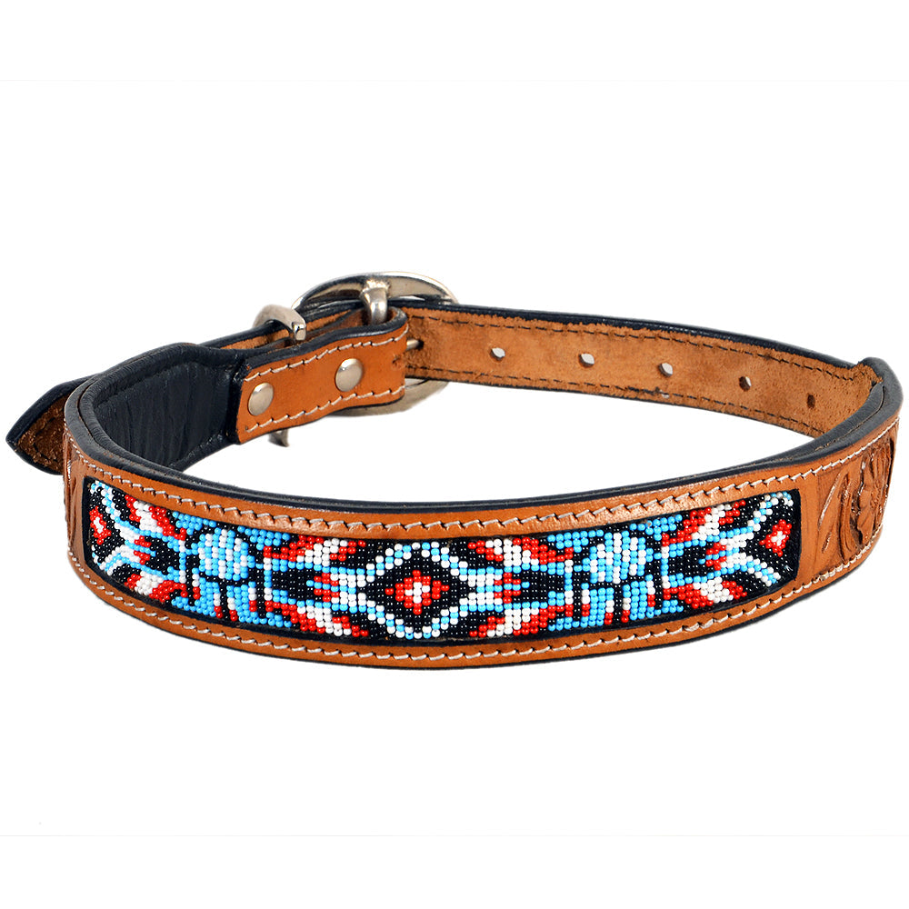 HILASON Western Beaded Hand Tooled Strong Genuine Leather Dog Collar Tan