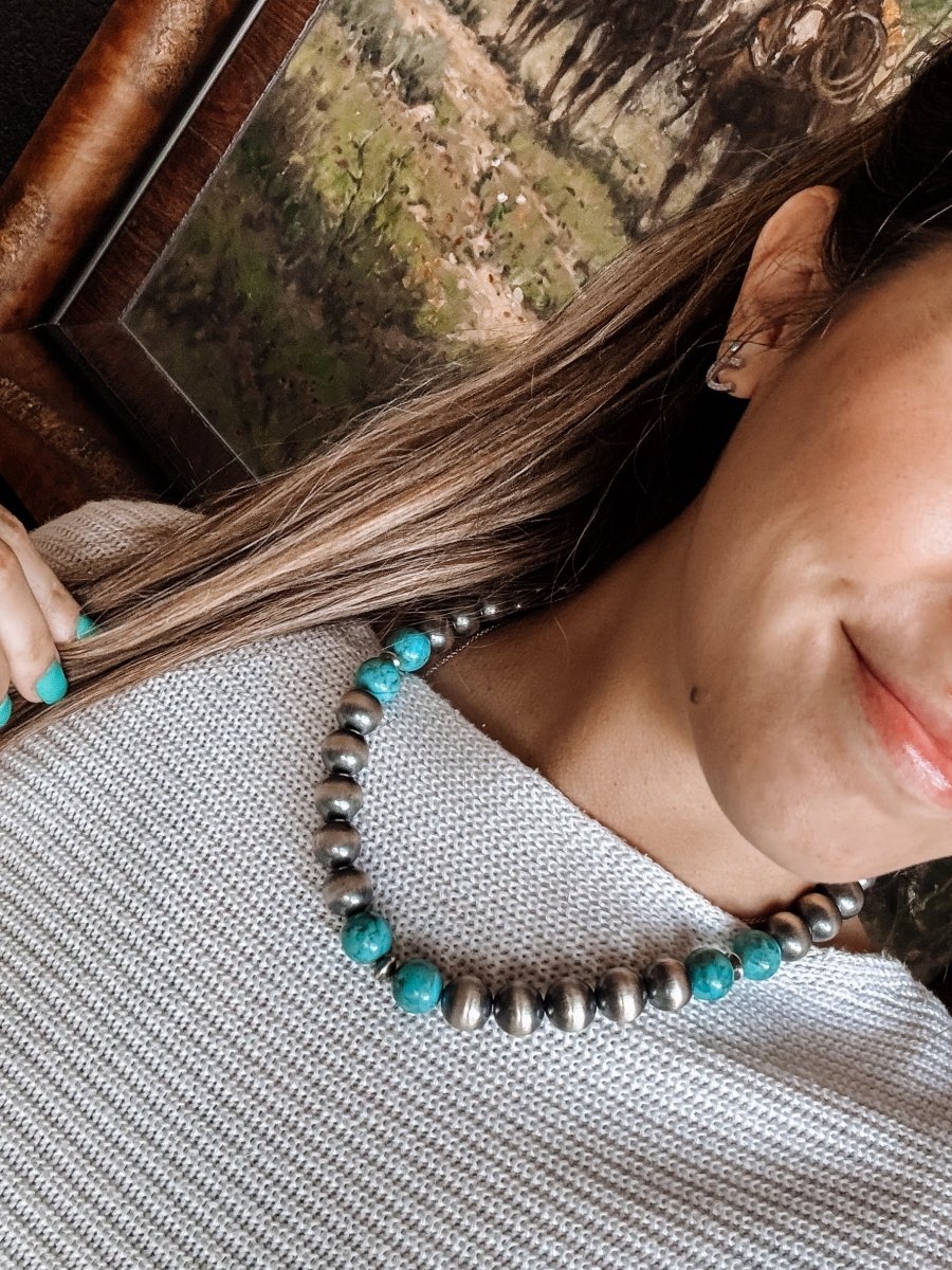 14mm 18" Sterling Silver Pearl with Turquoise Necklace
