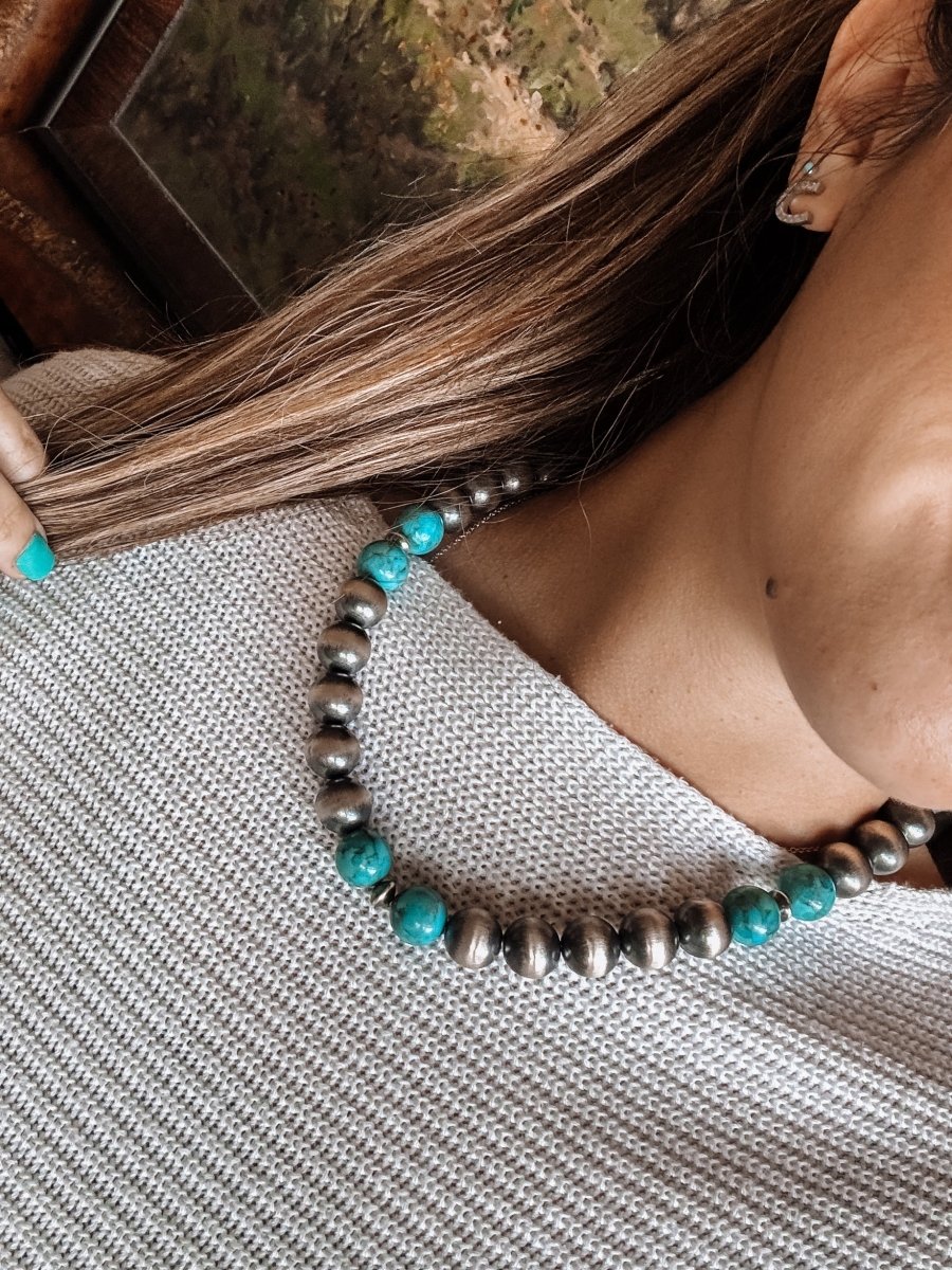 14mm Sterling Silver Pearl with Turquoise Necklace