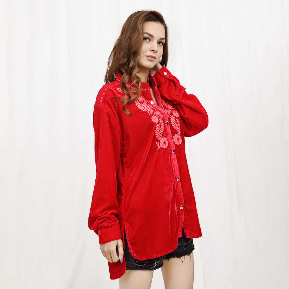 American Darling ADDR003 100% Cotton Denim Women Shirt Jacket Dress Ladies Girl Top Red