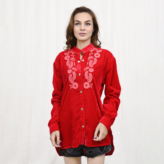 American Darling ADDR003 100% Cotton Denim Women Shirt Jacket Dress Ladies Girl Top Red