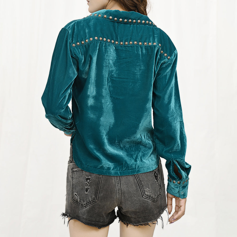 American Darling ADDR004 Velvet Women Shirt Dress Tunic Ladies Girl Top Teal