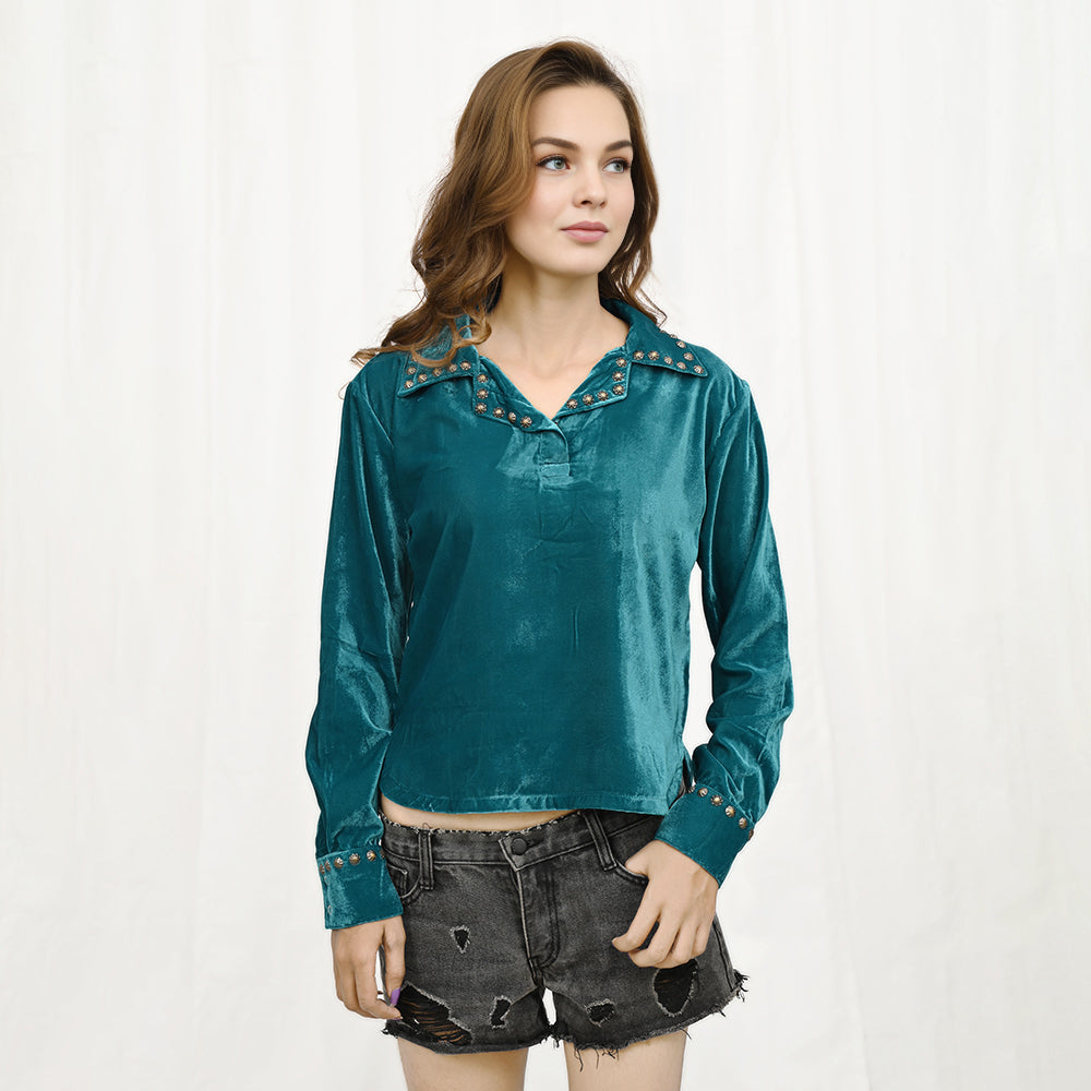 American Darling ADDR004 Velvet Women Shirt Dress Tunic Ladies Girl Top Teal