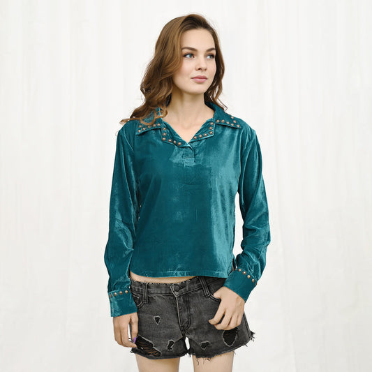 American Darling ADDR004 Velvet Women Shirt Dress Tunic Ladies Girl Top Teal