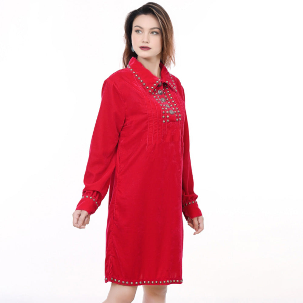 American Darling ADDR007 100% Cotton Denim Women Shirt Jacket Dress Ladies Girl Top Red