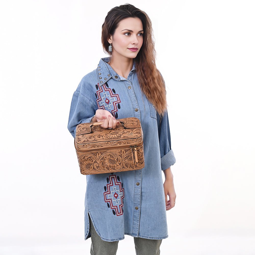 American Darling Jewelry Case Hand Tooled Genuine Leather Women Bag Western Handbag Purse