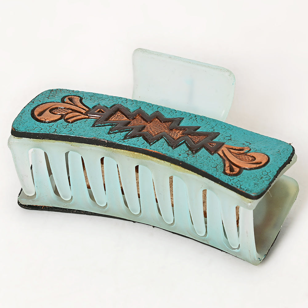 American Darling Floral Long Hair Claw Hand Tooled Carved Genuine Leather Turquoise Clips Clutcher Gift For Women Girls