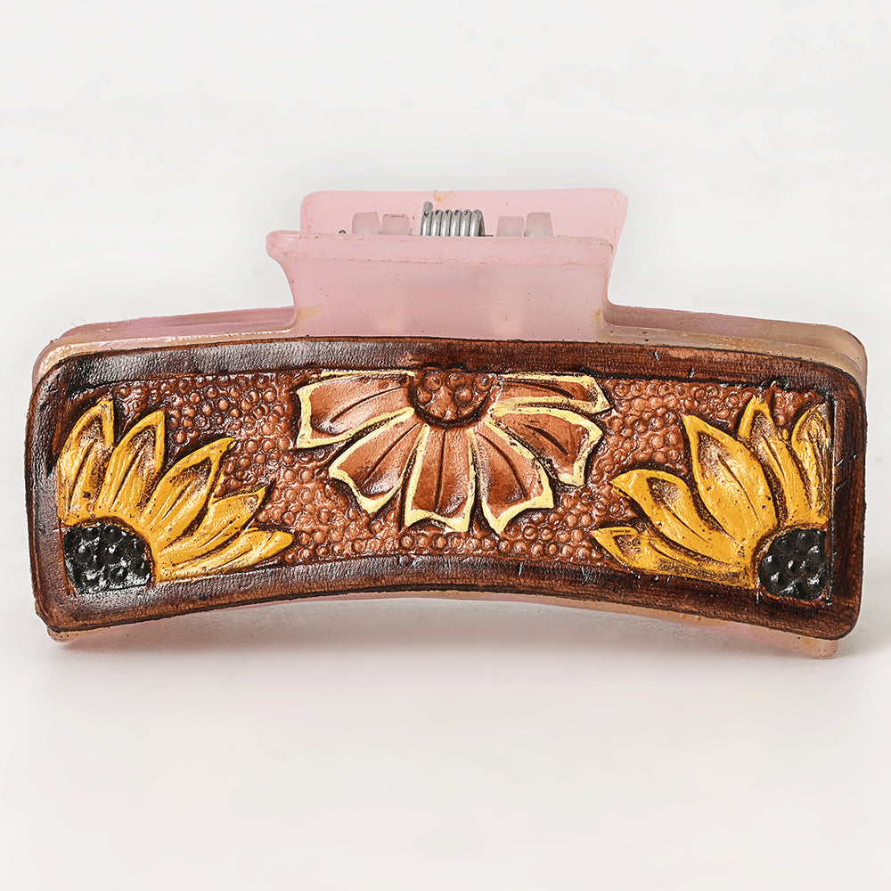 American Darling Floral Long Hair Claw Hand Tooled Carved Genuine Leather Brown Clips Clutcher Gift For Women Girls