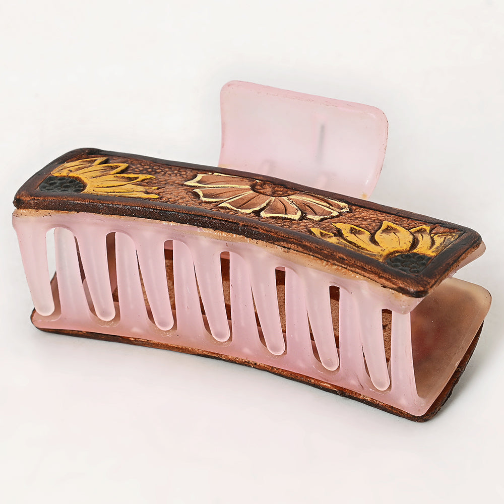 American Darling Floral Long Hair Claw Hand Tooled Carved Genuine Leather Brown Clips Clutcher Gift For Women Girls