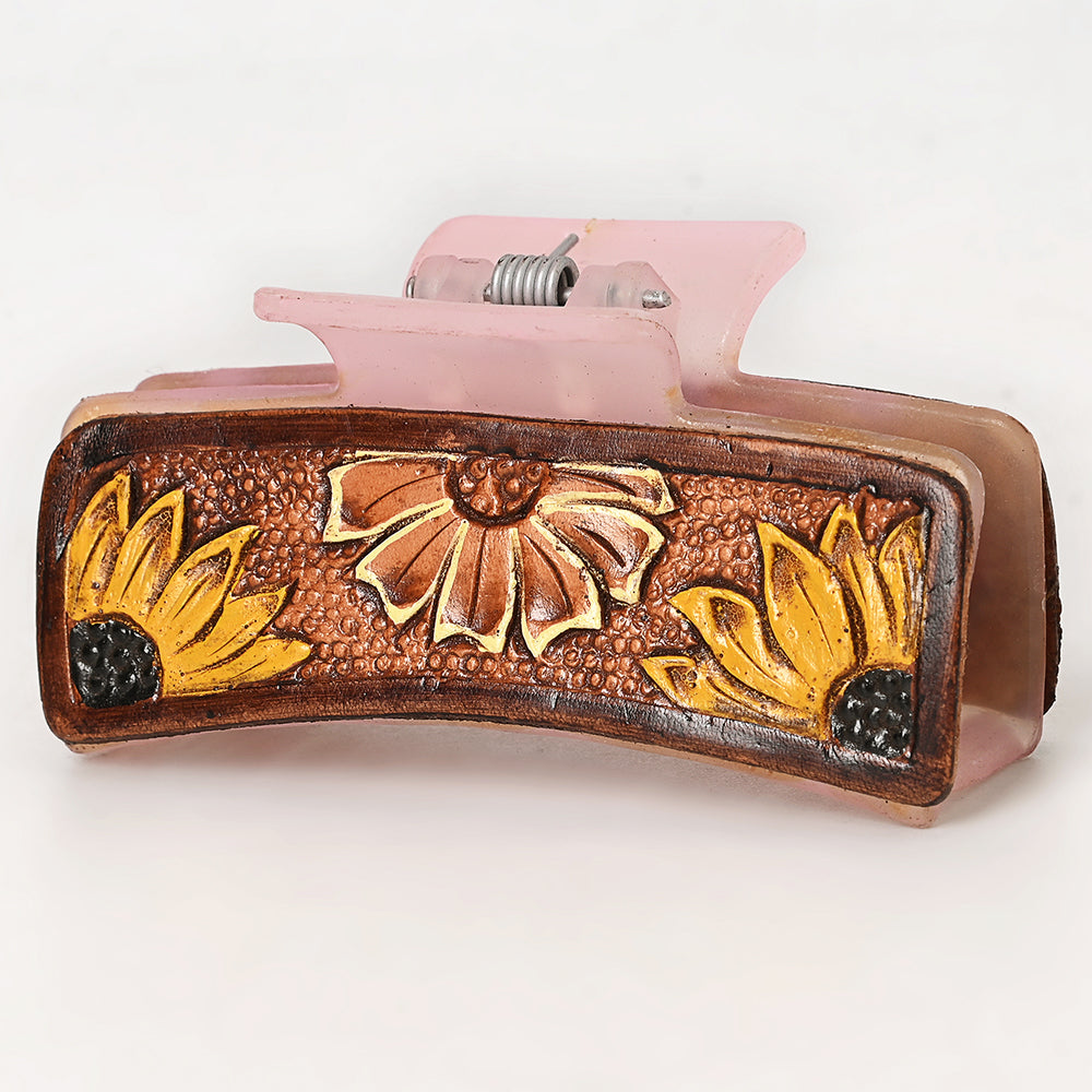 American Darling Floral Long Hair Claw Hand Tooled Carved Genuine Leather Brown Clips Clutcher Gift For Women Girls