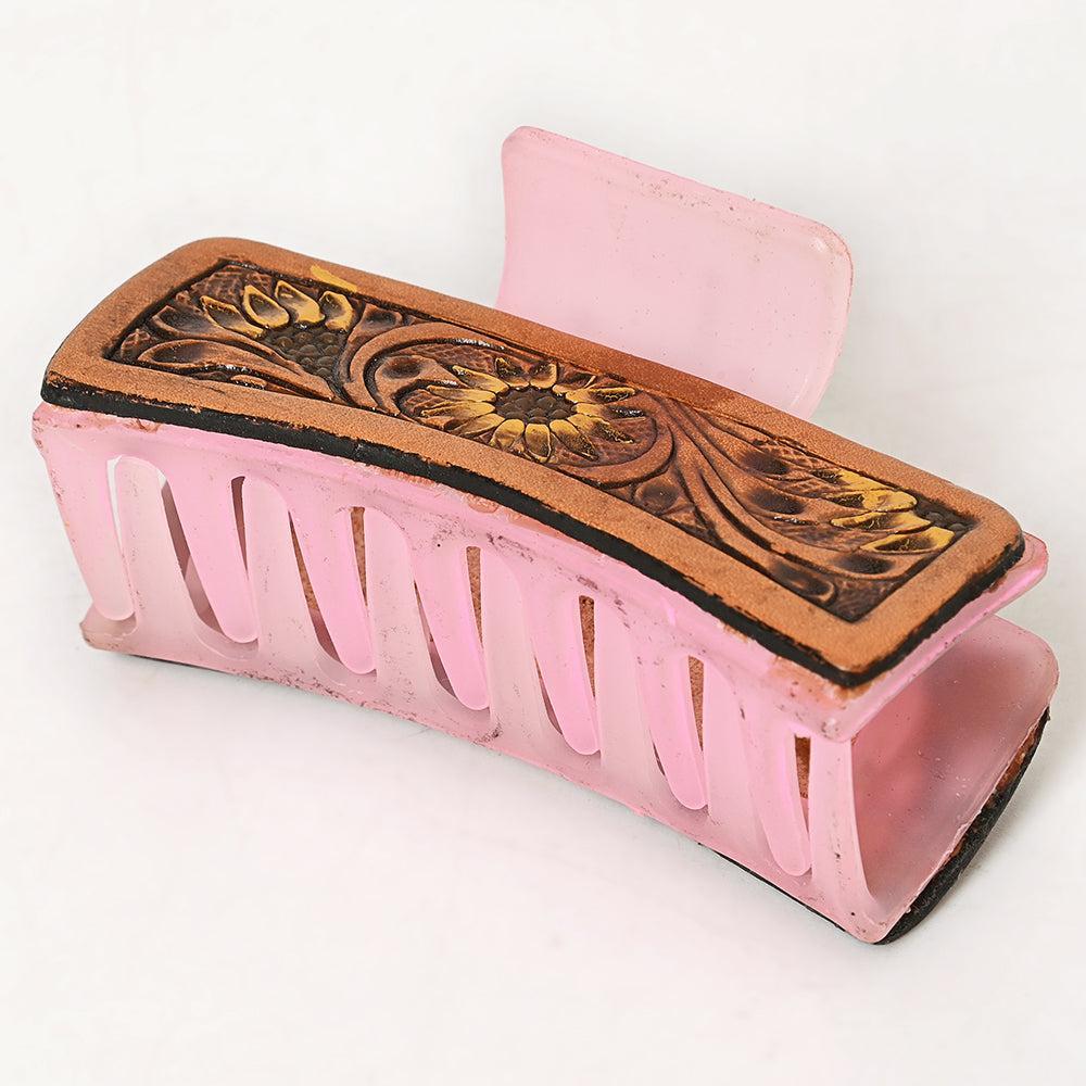 American Darling Floral Long Hair Claw Hand Tooled Carved Genuine Leather Brown Clips Clutcher Gift For Women Girls