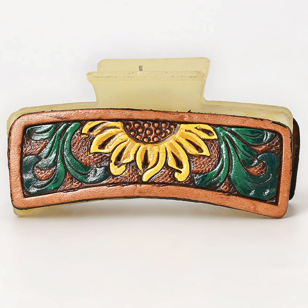American Darling Floral Long Hair Claw Hand Tooled Carved Genuine Leather Brown Clips Clutcher Gift For Women Girls
