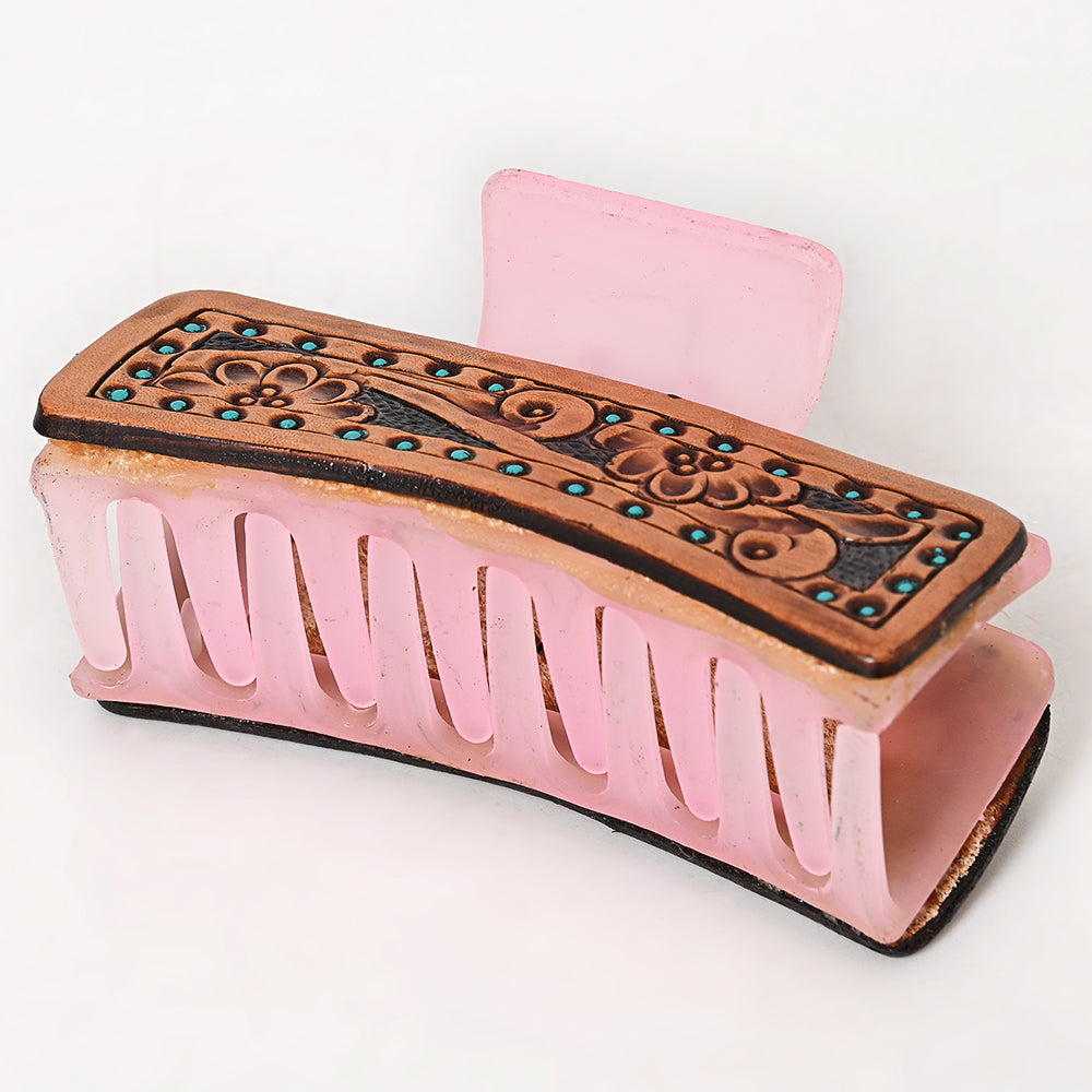 American Darling Floral Long Hair Claw Hand Tooled Carved Genuine Leather Brown Clips Clutcher Gift For Women Girls