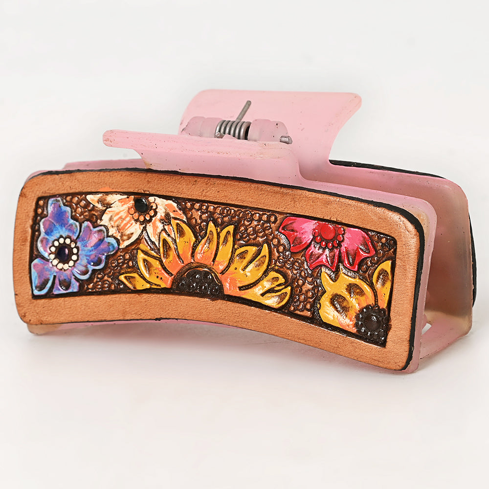 American Darling Floral Long Hair Claw Hand Tooled Carved Genuine Leather Brown Clips Clutcher Gift For Women Girls