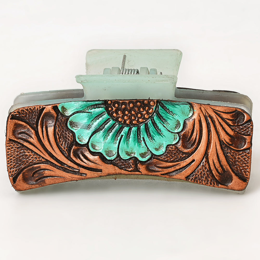 American Darling Floral Long Hair Claw Hand Tooled Carved Genuine Leather Brown Clips Clutcher Gift For Women Girls