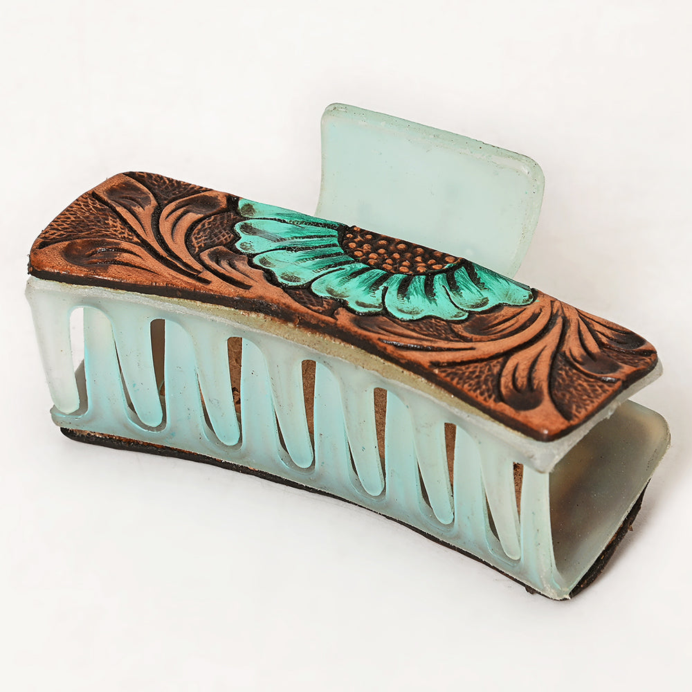 American Darling Floral Long Hair Claw Hand Tooled Carved Genuine Leather Brown Clips Clutcher Gift For Women Girls