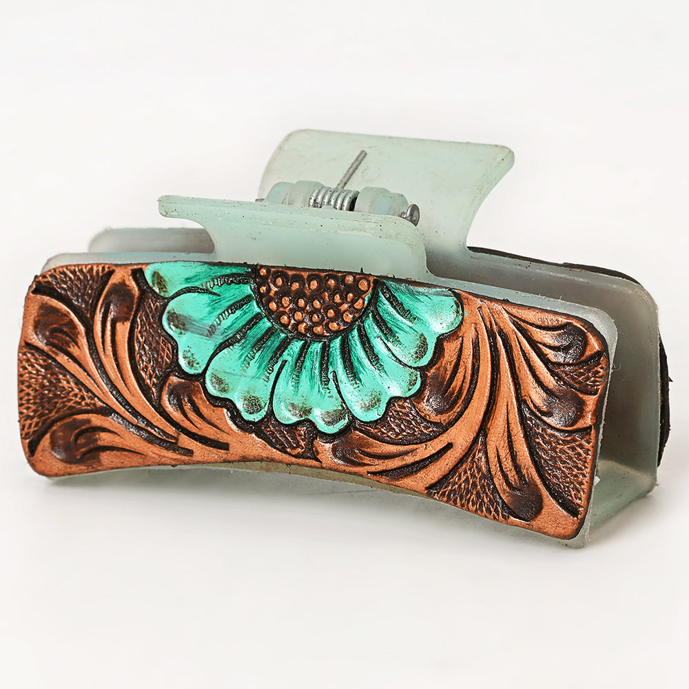 American Darling Floral Long Hair Claw Hand Tooled Carved Genuine Leather Brown Clips Clutcher Gift For Women Girls