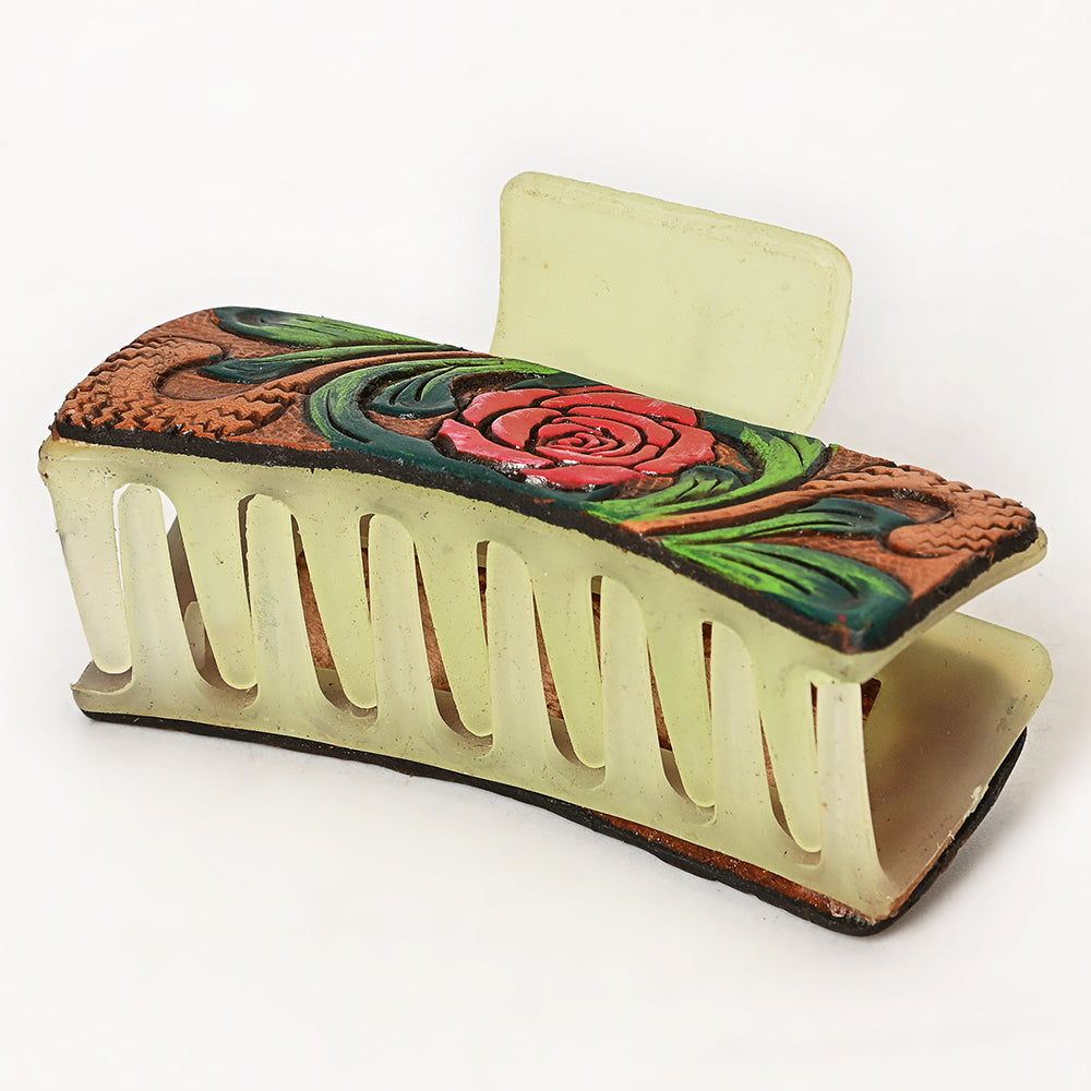 American Darling Floral Long Hair Claw Hand Tooled Carved Genuine Leather Brown Clips Clutcher Gift For Women Girls