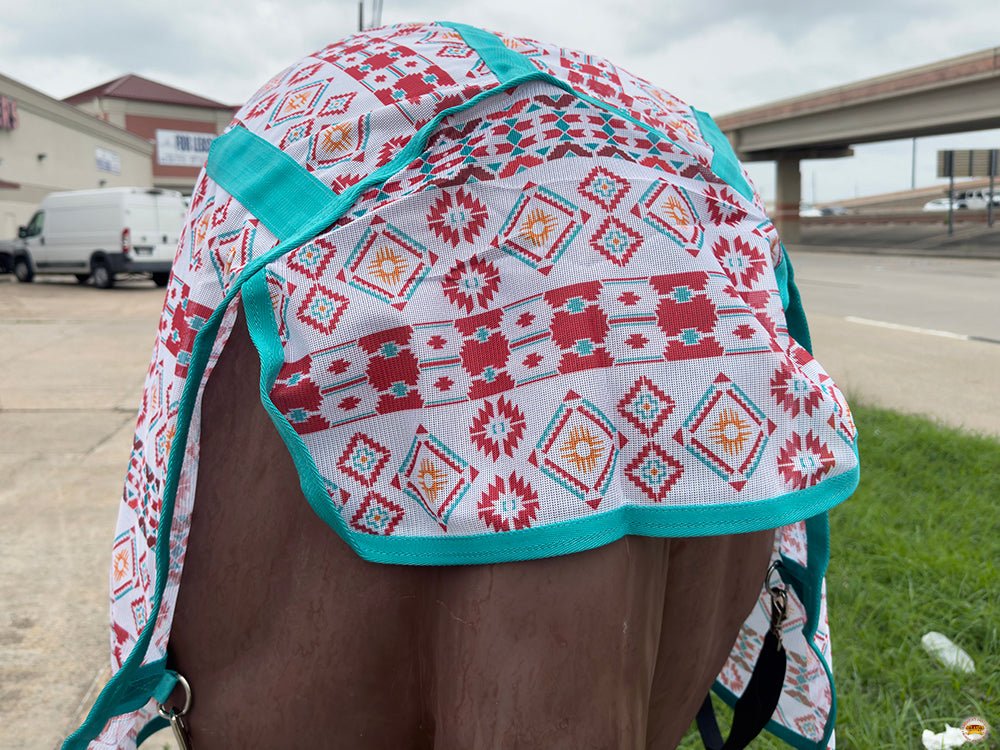 66 In - 84 In Hilason Horse Fly Sheet Uv Protect Mesh Bug Mosquito Summer White Aztec