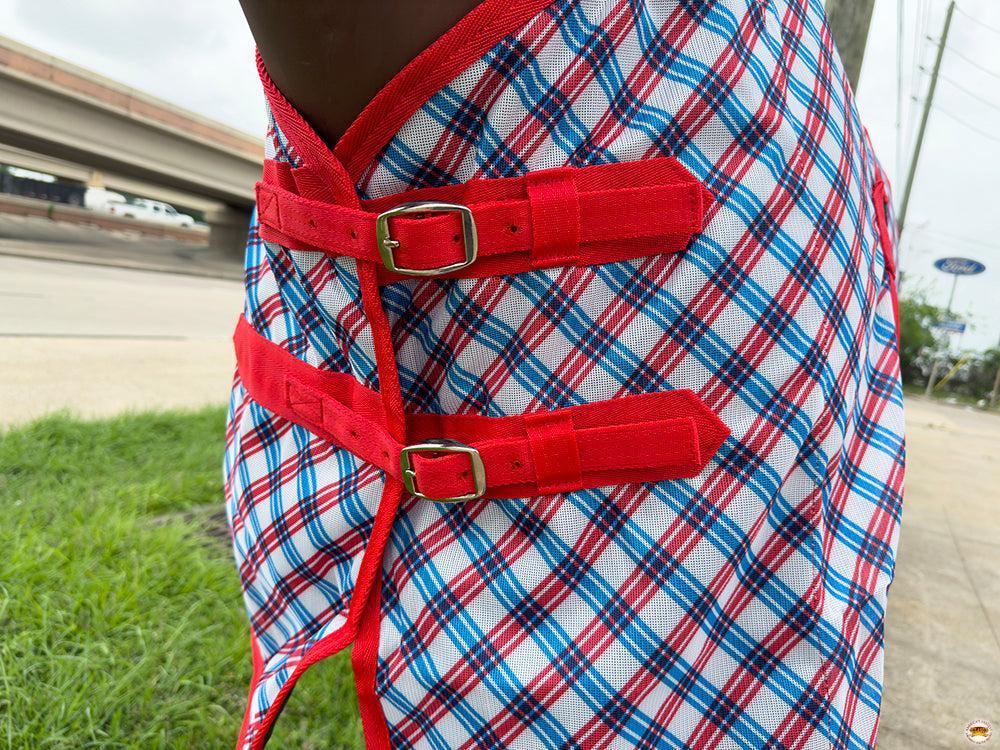 66 In - 84 In Hilason Horse Fly Sheet Uv Protect Mesh Bug Mosquito Summer Blue / Red Plaid
