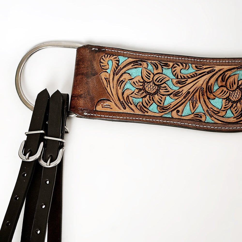 COMFYTACK Leather Horse Tripping Breast Collar Brown Floral Turquoise Inlay