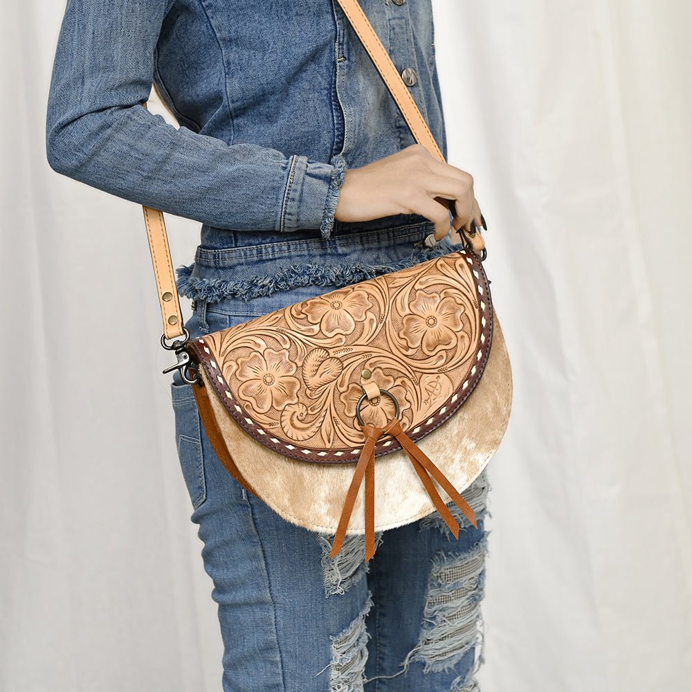 American Darling Adbg1529 Small Crossbody Hand Tooled Hair-On Genuine Leather Women Bag Western Handbag Purse