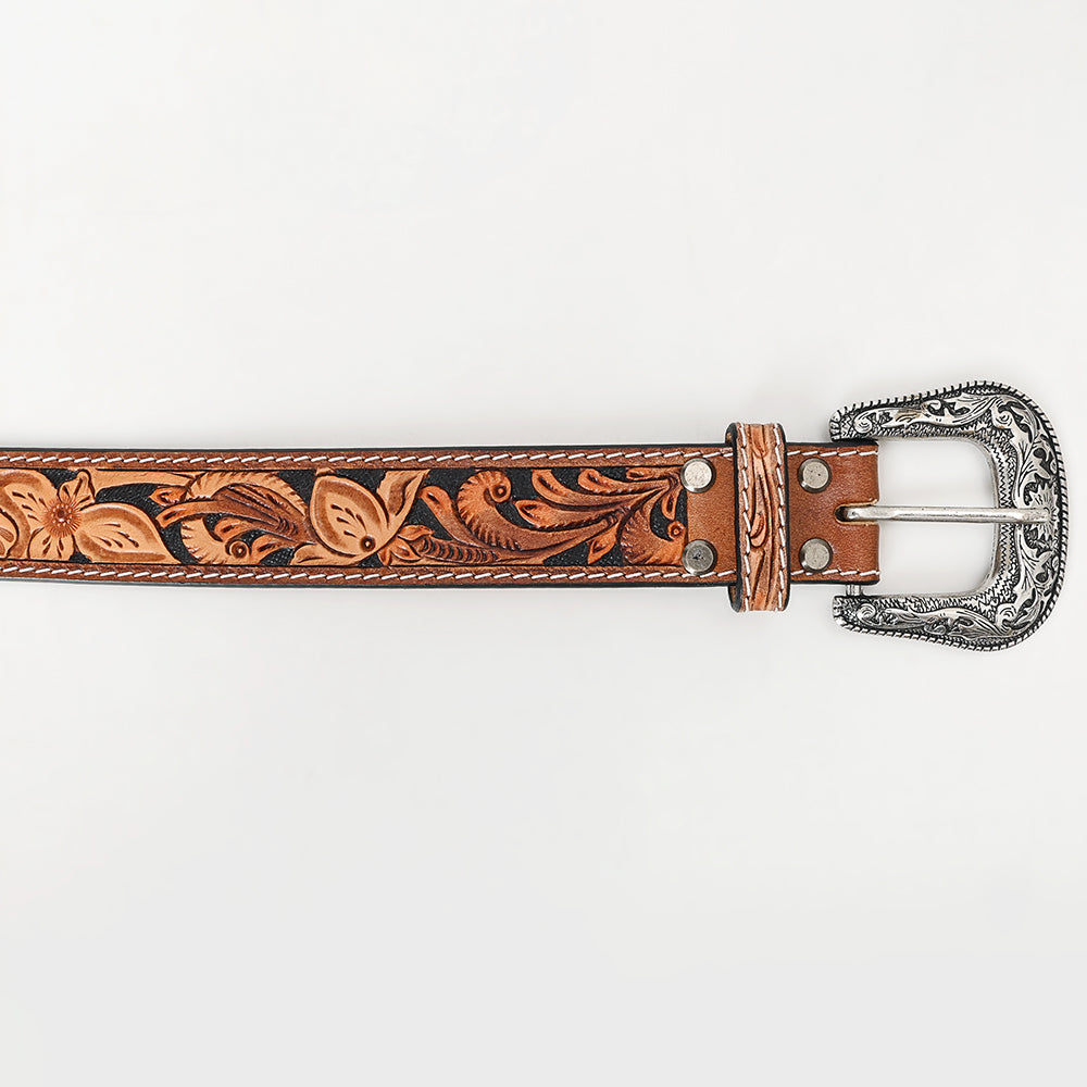 American Darling Hand Tooled Carved Unisex Genuine American Leather Belt Black Inlay Brown