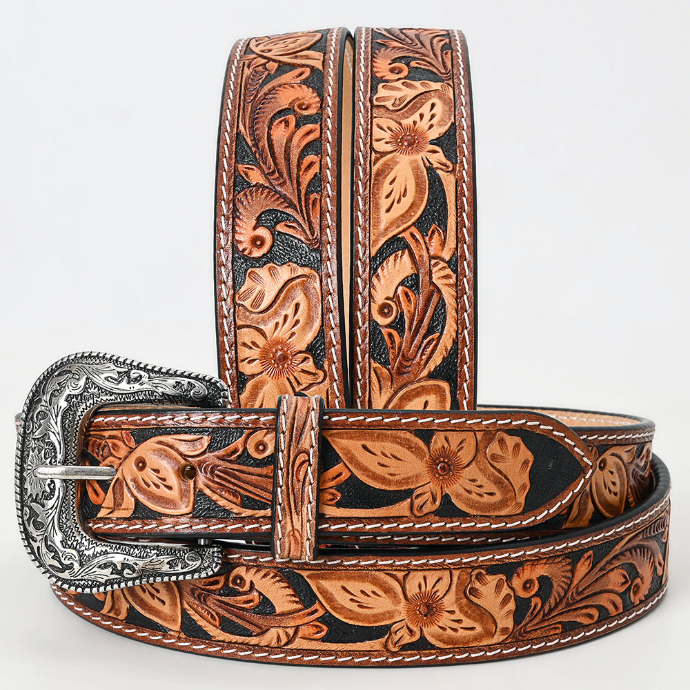 American Darling Hand Tooled Carved Unisex Genuine American Leather Belt Black Inlay Brown