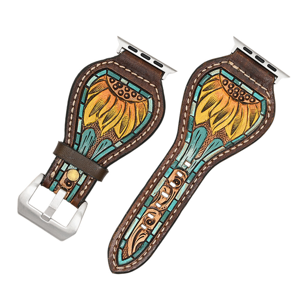 American Darling Beautifully Hand Tooled Hand Painted Genuine American Leather I watch Strap Men and Women Unisex