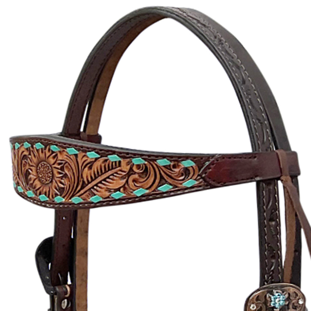 BAR H EQUINE Western Handtooled Leather Horse Headstall & Breast Collar Set