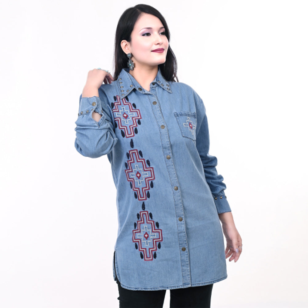 American Darling ADDR017 Denim Women shirt Jacket  Dress Tunic Ladies Girl Top Denim Blue