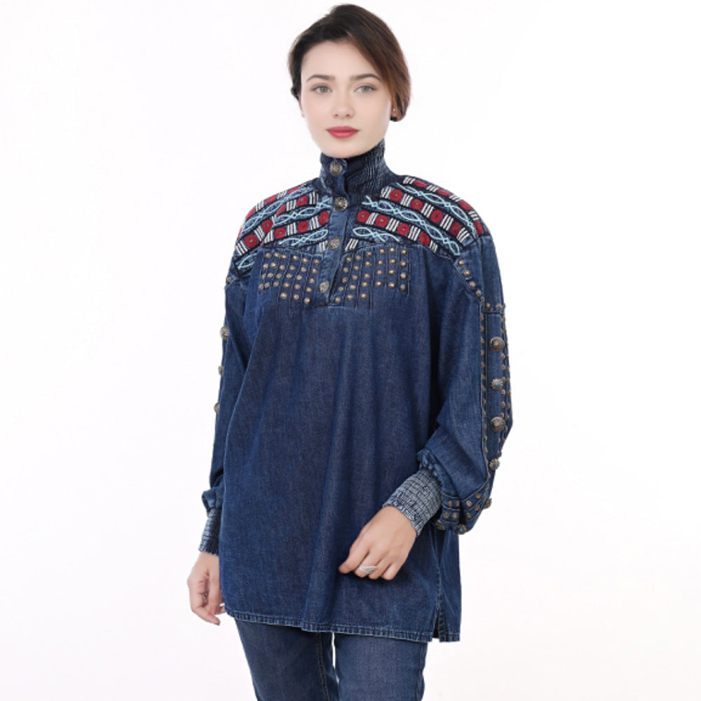 American Darling ADDR019 Denim Women shirt Jacket  Dress Tunic Ladies Girl Top Navy Blue