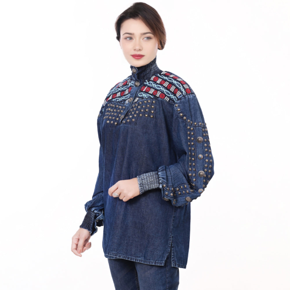 American Darling ADDR019 Denim Women shirt Jacket  Dress Tunic Ladies Girl Top Navy Blue