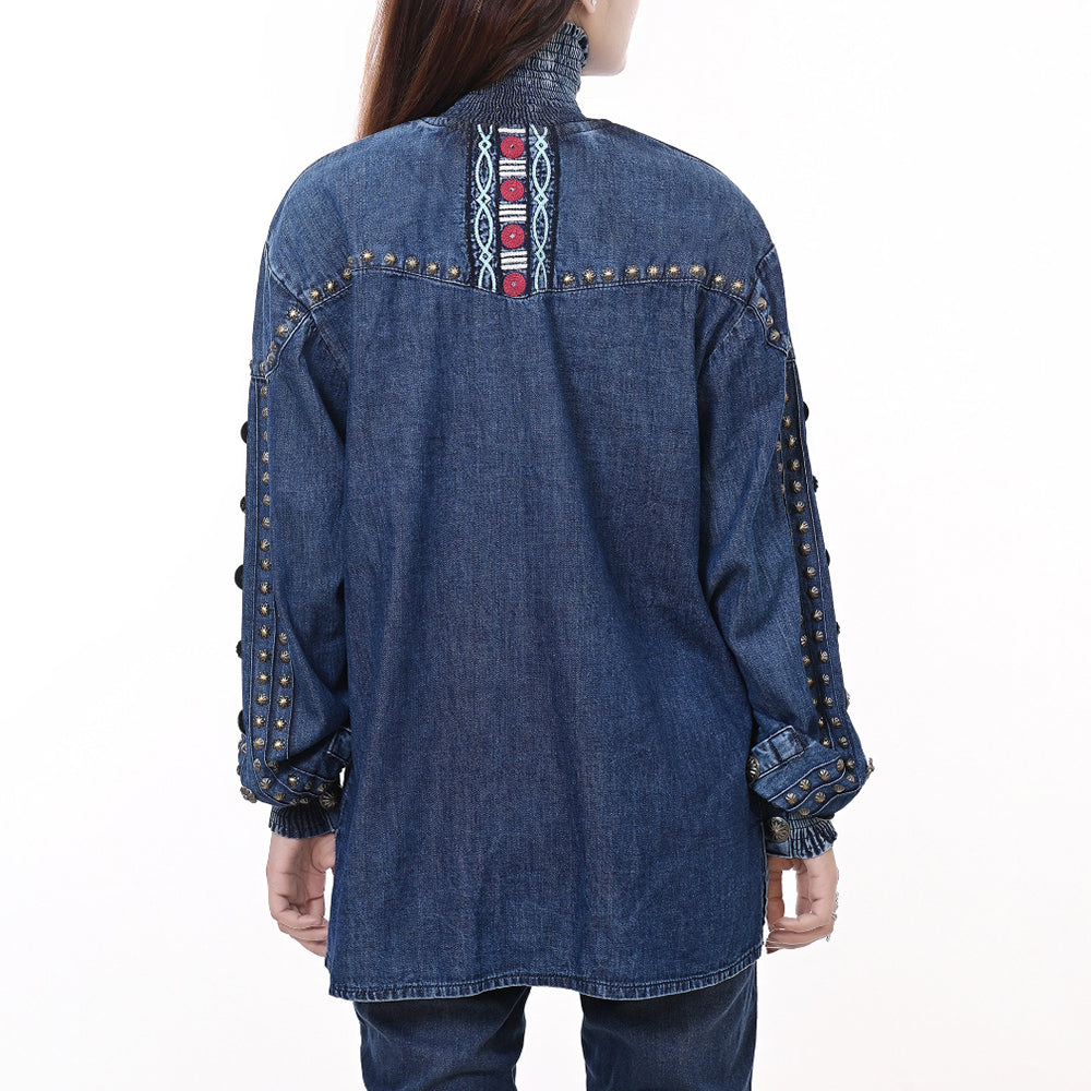 American Darling ADDR019 Denim Women shirt Jacket  Dress Tunic Ladies Girl Top Navy Blue