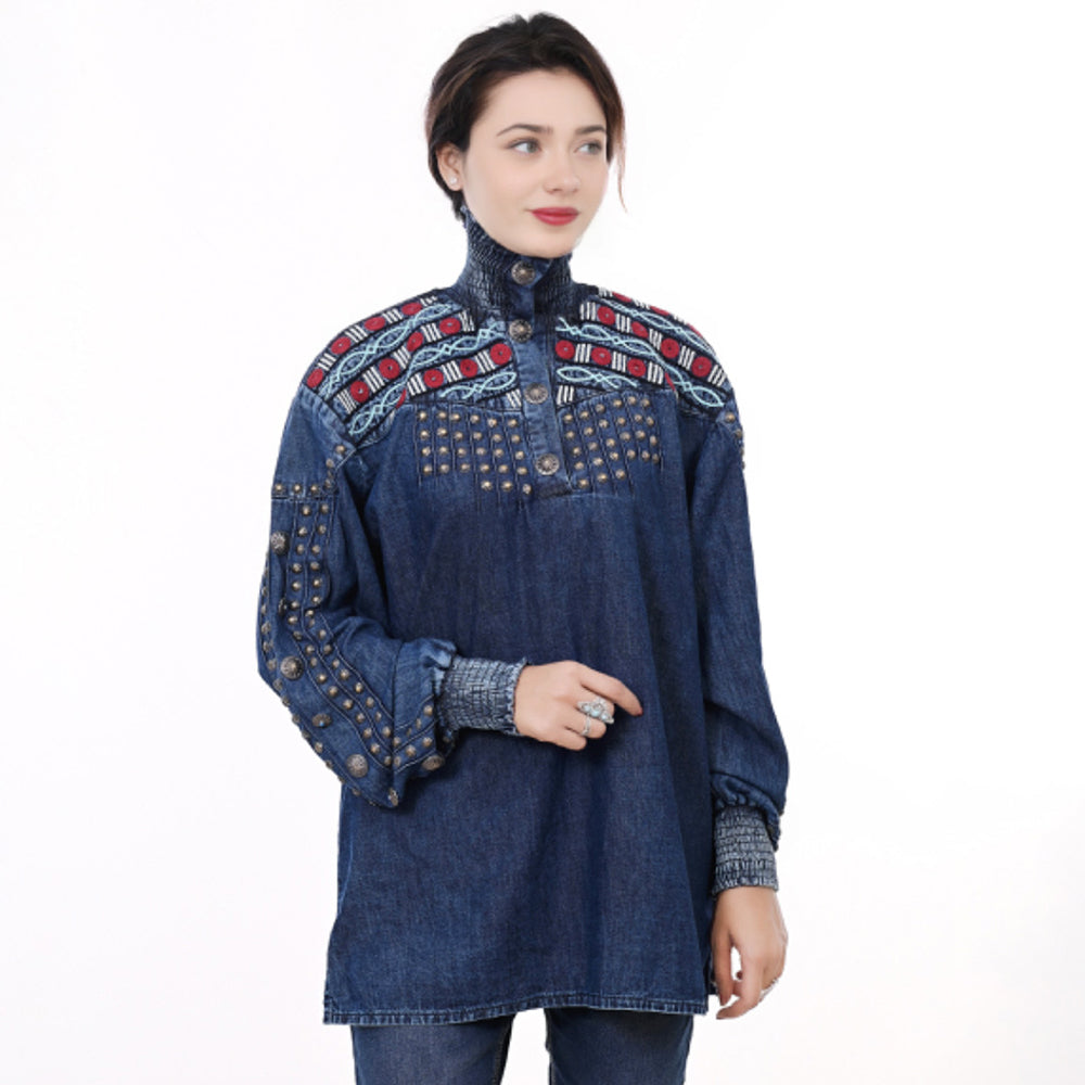 American Darling ADDR019 Denim Women shirt Jacket  Dress Tunic Ladies Girl Top Navy Blue
