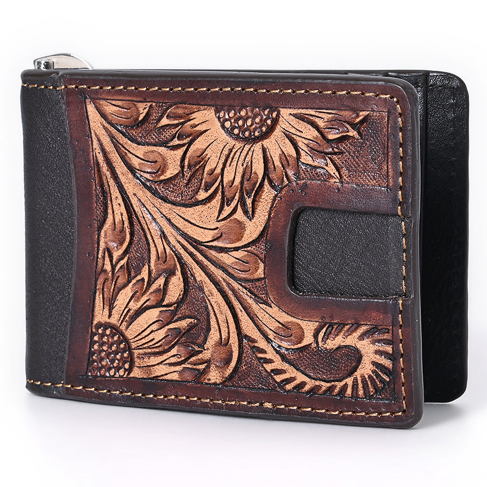 BAR H EQUINE Genuine Leather Rodeo Bifold Money Clip Wallet For Men Women Brown With Floral Hand Carved Tooled